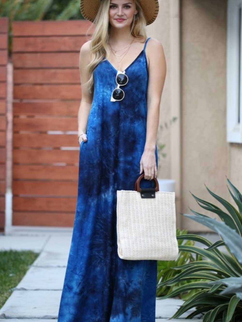 Women’s Blue Tie-Dye Maxi Dress - Sleeveless V-Neck